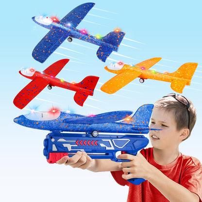 3 Pack Airplane Launcher Toy for kids 2 Flight Modes LED Foam Glider Catapult Plane, Outdoor Flying Toy for Kids, Birthday Gifts for Boy Girl 3+ Year Old