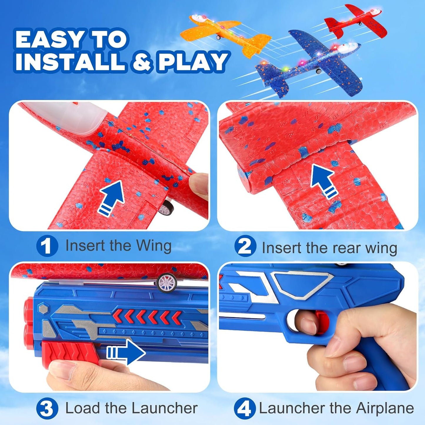 3 Pack Airplane Launcher Toy for kids 2 Flight Modes LED Foam Glider Catapult Plane, Outdoor Flying Toy for Kids, Birthday Gifts for Boy Girl 3+ Year Old