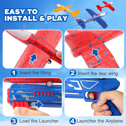 3 Pack Airplane Launcher Toy for kids 2 Flight Modes LED Foam Glider Catapult Plane, Outdoor Flying Toy for Kids, Birthday Gifts for Boy Girl 3+ Year Old